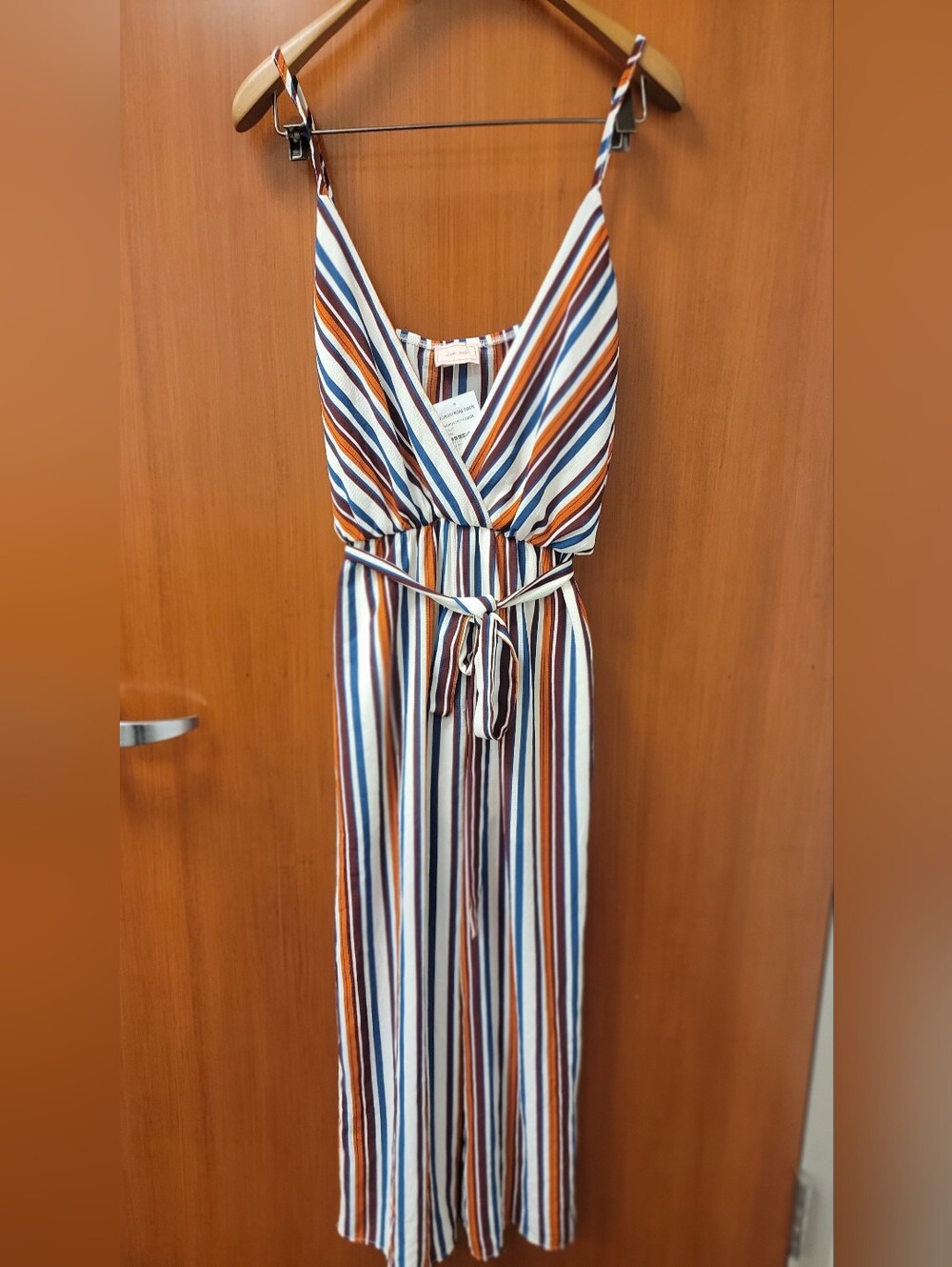 love...ady sz XS Striped V-Neck Sleeveless Jumpsuit — Blue, White & Rust Stripes